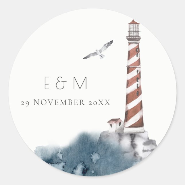 ROT DUSKY BLAUE LIGHTHOUSE MEA MONOGRAM WEDD RUNDER AUFKLEBER (Vorderseite)