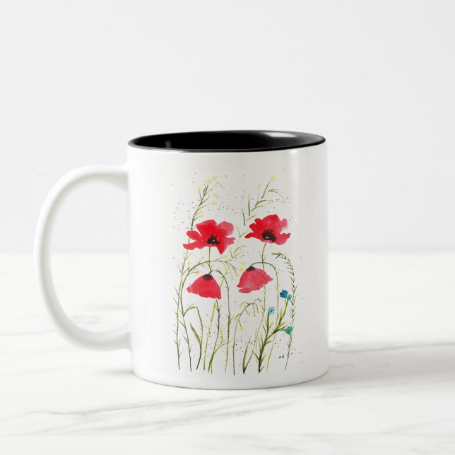 Rot-elegant Einfache Aquarellmohnblume Blume Zweifarbige Tasse (Links)