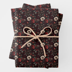 Rot & Elfenbein Dunkle und Stimmungvolle Floral Geschenkpapier Set