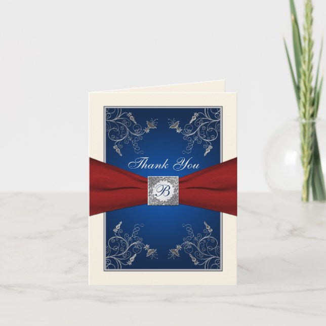 Rot, Elfenbein, Navy Blue Floral Danke Note Card (Vorderseite)