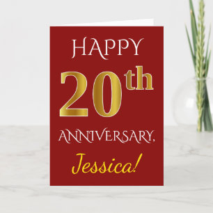 Rot, Faux Gold 20. Hochzeitstag + Name Karte