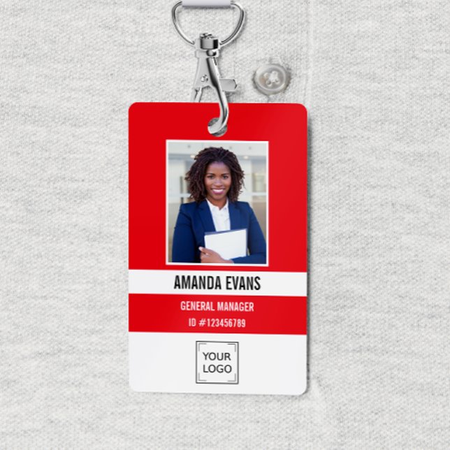 ROT | Foto Mitarbeiter-Logo oder QR CODE-Sicherhei Ausweis (Red and white Employee ID security badge with photo, name, job title and corporate logo or QR CODE)