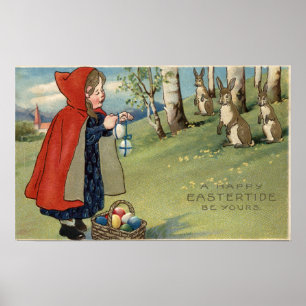 Rot gehobene Mädchen, die Eizellen an Kaninchen üb Poster