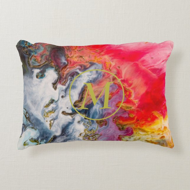 Rot-Gelb-Blues Lila Abstrakte Art Monogram Dekokissen (Vorderseite)