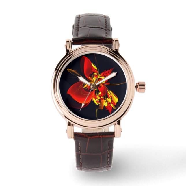 Rot-Gelb-Blüte Modernes abstraktes Kunstmuster #10 Armbanduhr (Vorderseite)