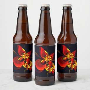 Rot-Gelb-Blüte Modernes abstraktes Kunstmuster #10 Bierflaschenetikett