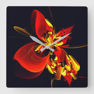 Rot-Gelb-Blüte Modernes abstraktes Kunstmuster #10 Quadratische Wanduhr
