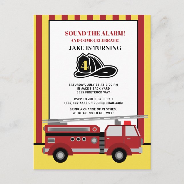 Rot gelb gestreifter Feuerwehrwagen Kind's 4. Gebu Postkarte (Vorderseite)