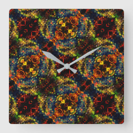 Rot-Gelb-Grün auf dunklem, Flower-Shredded-Papier? Quadratische Wanduhr