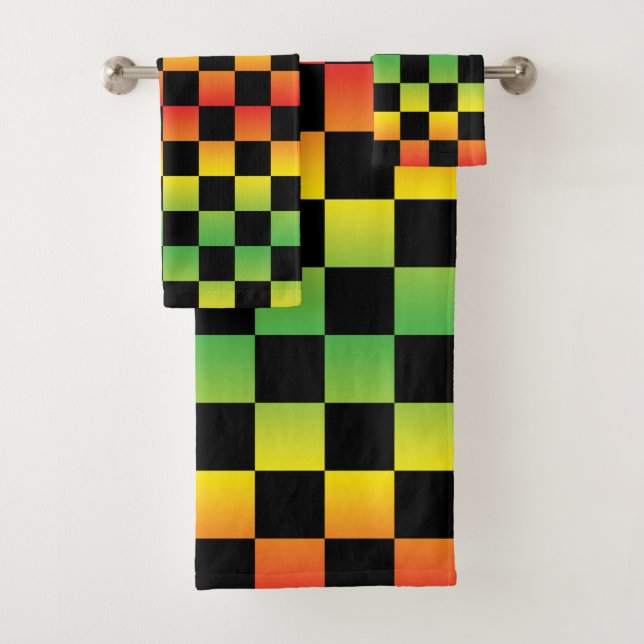 Rot-Gelb-grüne Rasta Ombre Checked Badhandtuch Set (Insitu)