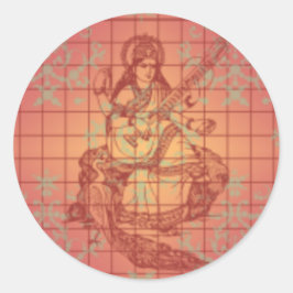Rot-Gelb-Hinterling Goddess Saraswati Wisdom Indie Runder Aufkleber