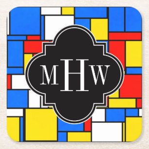 Rot-Gelb-Mondrian-Schwarz-Quatrefolie 3 Monogramm Rechteckiger Pappuntersetzer