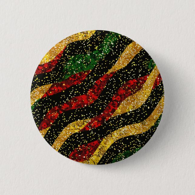 Rot-Gelb-Schwarze Wellen des festlichen Glitzer Button (Vorderseite)