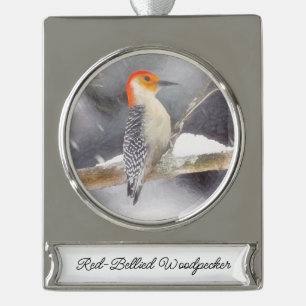 Rot-Gelb Woodpecker Malerei Original Vogelkunst Banner-Ornament Silber