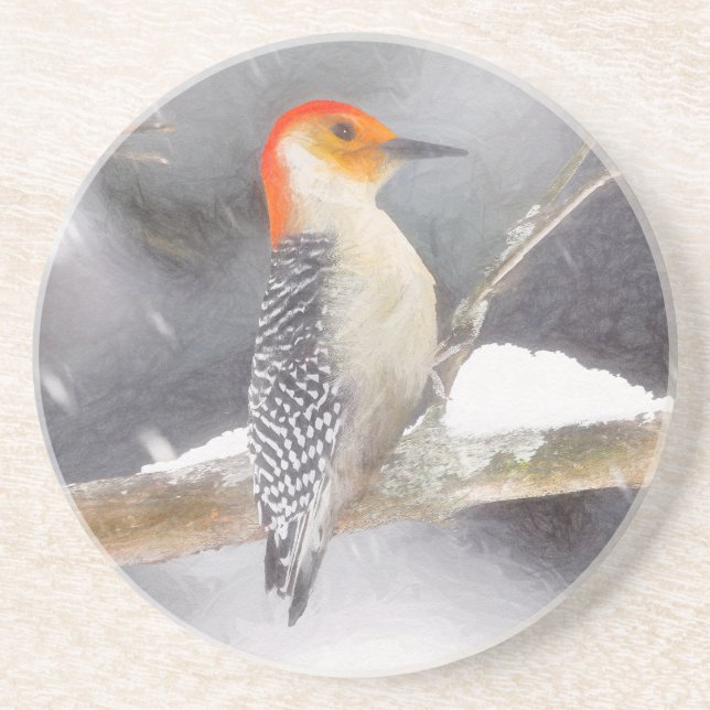 Rot-Gelb Woodpecker Malerei Original Vogelkunst Getränkeuntersetzer (Vorne)