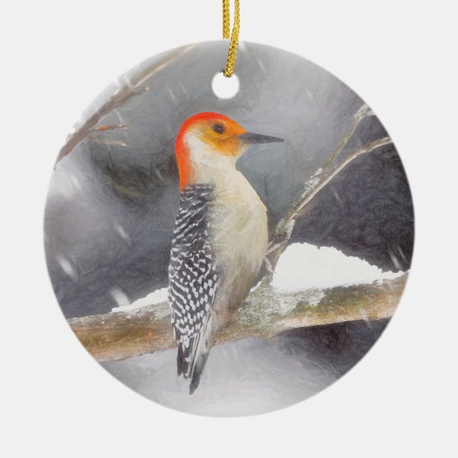 Rot-Gelb Woodpecker Malerei Original Vogelkunst Keramik Ornament (Vorne)