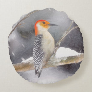 Rot-Gelb Woodpecker Malerei Original Vogelkunst Rundes Kissen