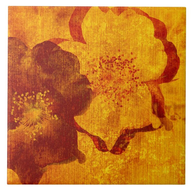Rot-gelbe Blume grunge digitale Grafik Fliese (Vorderseite)