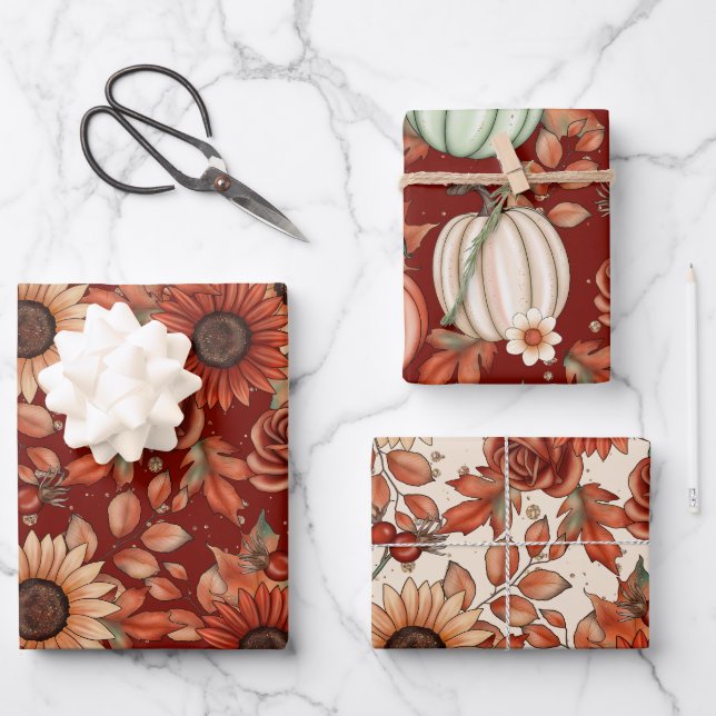 ROT & GELBE FALL SUNFLOWERS & PUMPKINS GESCHENKPAPIER SET (Vorderseite)