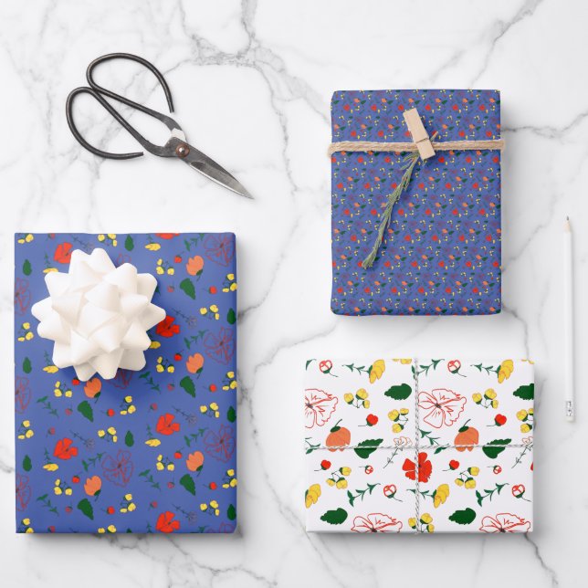 Rot-gelbe Wildblumen Muster blaues Packpapier Geschenkpapier Set (Vorderseite)