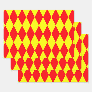 Rot-gelbes Harlekin-Karomuster Geschenkpapier Set
