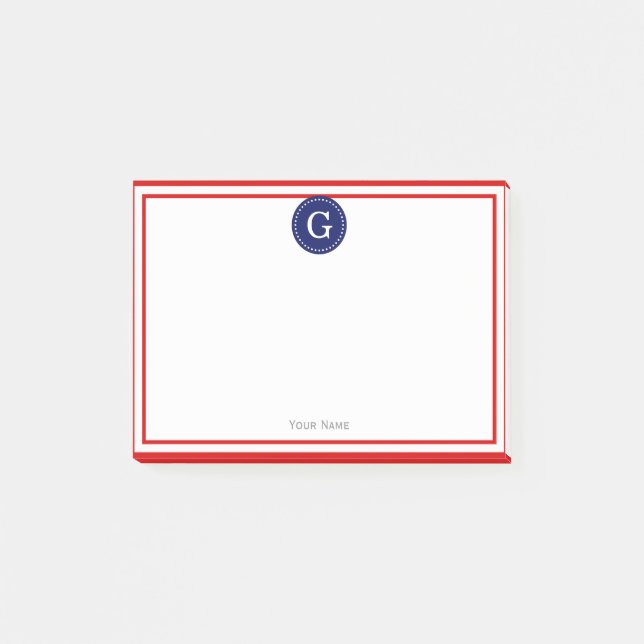 Rot gerahmtes rundes Navy 1I Monogramm Post-it Klebezettel (Vorderseite)