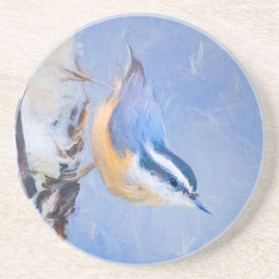 Rot gezapfte Nuthatch Malerei Original Vogelkunst Getränkeuntersetzer