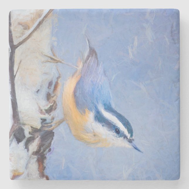 Rot gezapfte Nuthatch Malerei Original Vogelkunst Steinuntersetzer (Vorderseite)