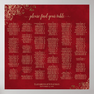 Rot & Gold Alphabetische Hochzeit Sitzordnung Poster