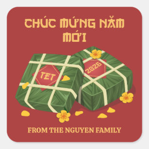 Rot & Gold Banh Chung Vietnamesisches Tet 2026 Quadratischer Aufkleber