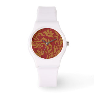 Rot-Gold-Blumenmuster Armbanduhr