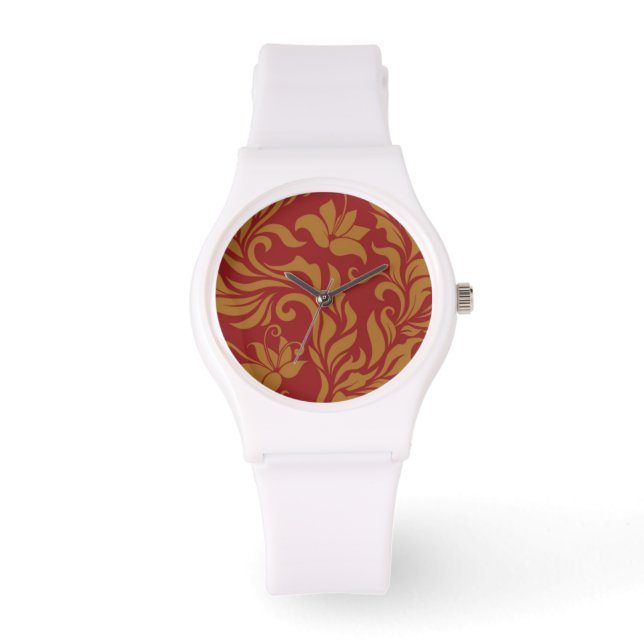 Rot-Gold-Blumenmuster Armbanduhr (Vorderseite)