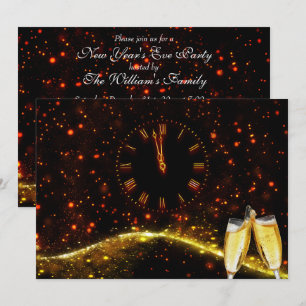 Rot, Gold Champagne u. Uhr-Silvesterabend Einladung