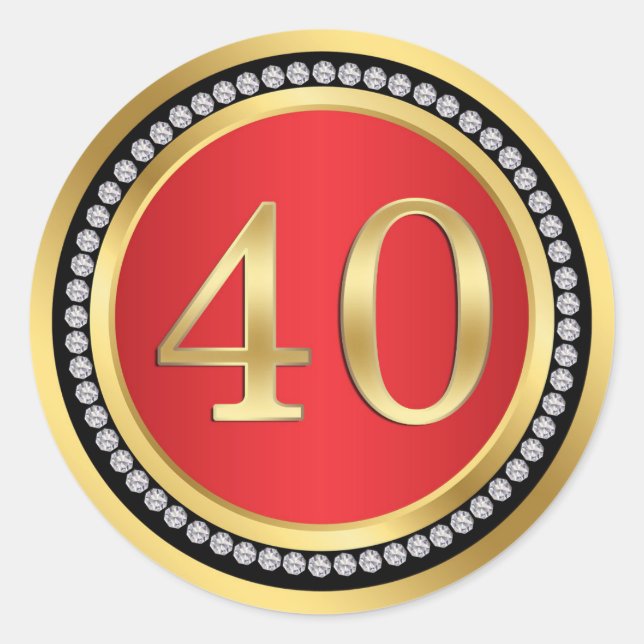 Rot, Gold, Druckdiamanten 40. Hochzeitstag Runder Aufkleber (Vorderseite)