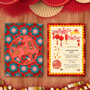 Rot Gold Floral Ochse Zodiak Chinesisches Neujahrs Einladung