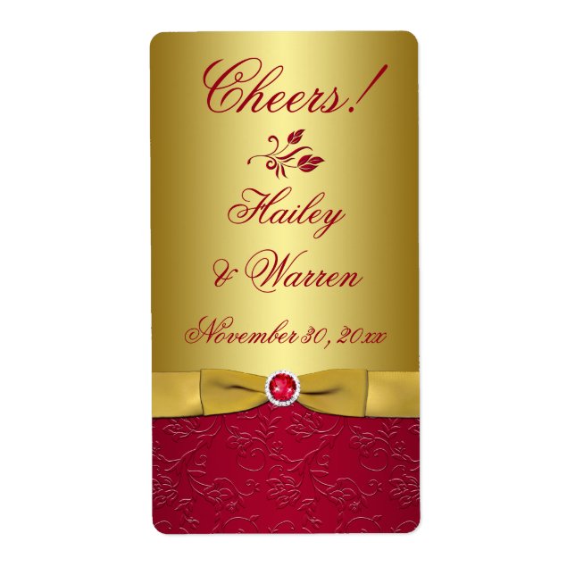Rot, Gold, florenbedrucktes RIBBON Hochzeitslabel (Vorne)