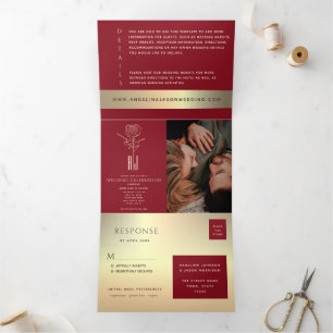 Rot & Gold Foto Tri-Fold Hochzeit Einladung
