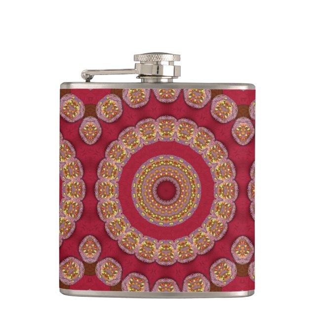 Rot Gold Gelbe Rosetten Mandala Flachmann (Vorderseite)