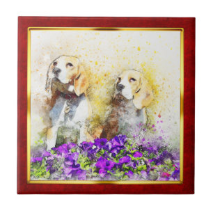 Rot & Gold gerahmter abstrakter Hundedruck Fliese