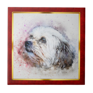 Rot & Gold gerahmter abstrakter Hundedruck Fliese