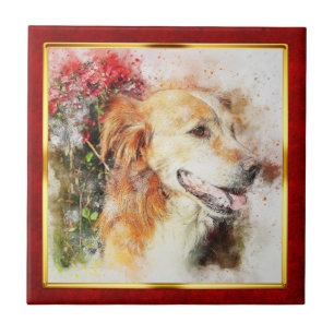Rot & Gold gerahmter abstrakter Hundedruck Fliese