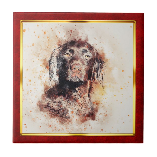Rot & Gold gerahmter abstrakter Hundedruck Fliese (Vorderseite)