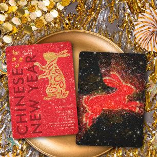 Rot Gold Glitter Kaninchen Lunar Neujahrsfeier Einladung