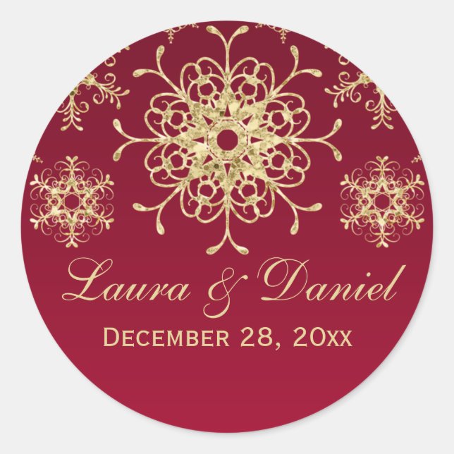 Rot, Gold Glitzer sieht Snowflake Hochzeitsticker Runder Aufkleber (Vorderseite)