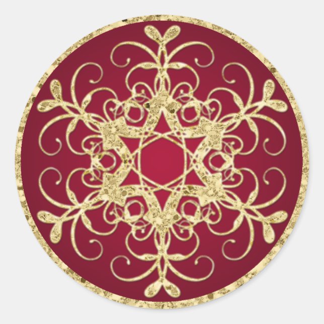 Rot, Gold Glitzer sieht Snowflake Hochzeitsticker Runder Aufkleber (Vorderseite)