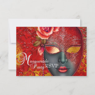 Rot & Gold Glitzermaske Maskenball-Antwort RSVP Karte