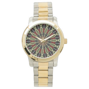 Rot-Gold-Hartglas-Fenster Kaleidoskop Armbanduhr