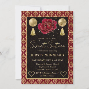 Rot & Gold Herz Damast & Rose Sweet 16 Einladung