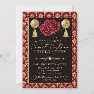 Rot & Gold Herz Damast & Rose Sweet Sixteen Einladung