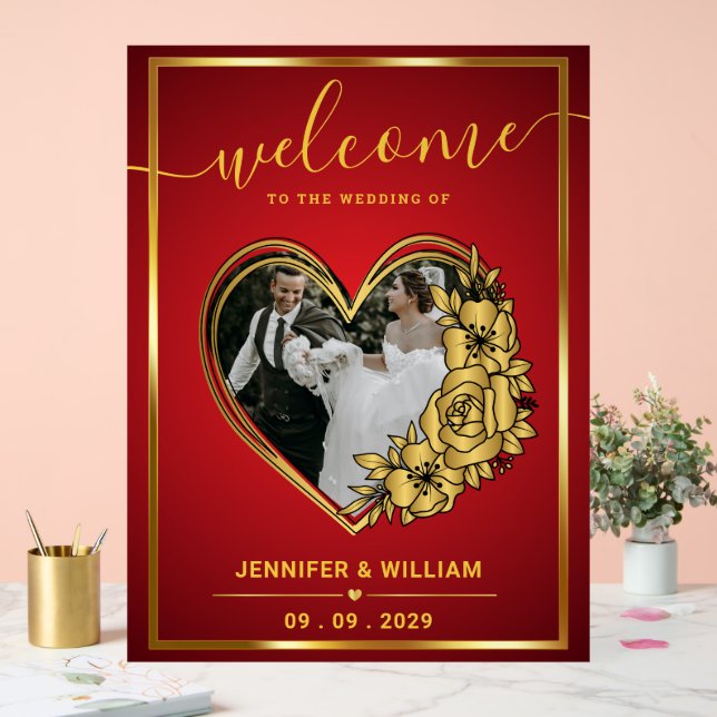 Rot-Gold-Hochzeitstil-Foto in Herzform Acrylschild (Hochzeit)